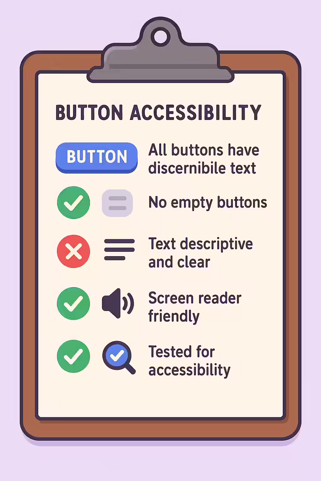 An illustration of a checklist, symbolizing the importance of making sure your buttons have discernible text.