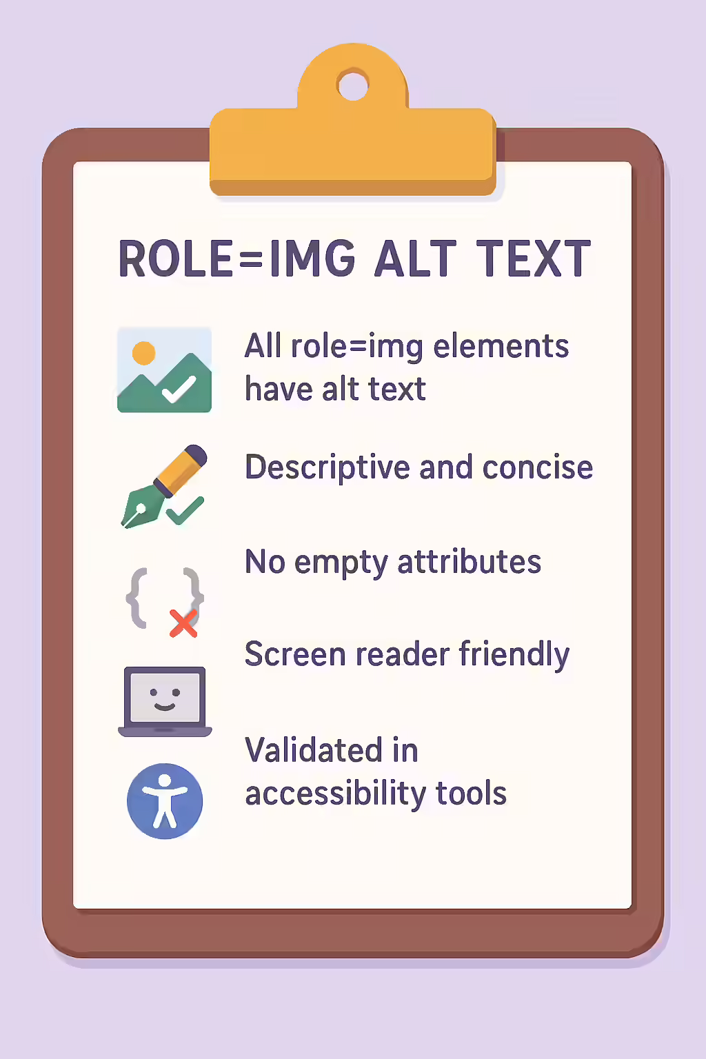 An illustration of a checklist, symbolizing the importance of making sure your elements with role=img have alternate text.