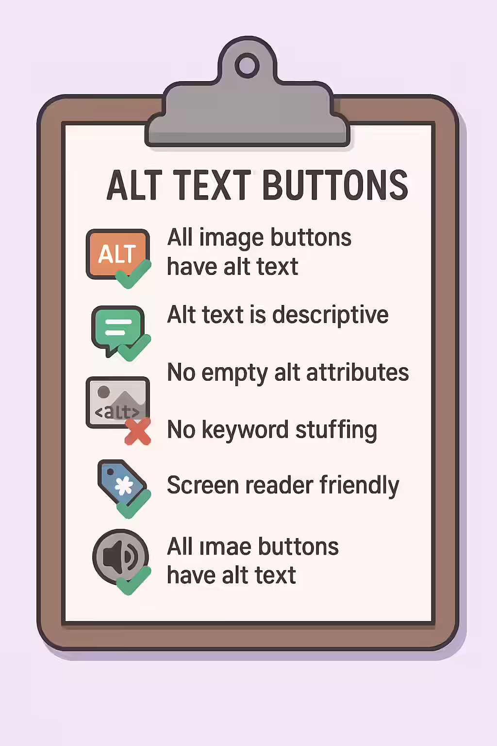 An illustration of a checklist, symbolizing the importance of making sure your image buttons have alternate text.
