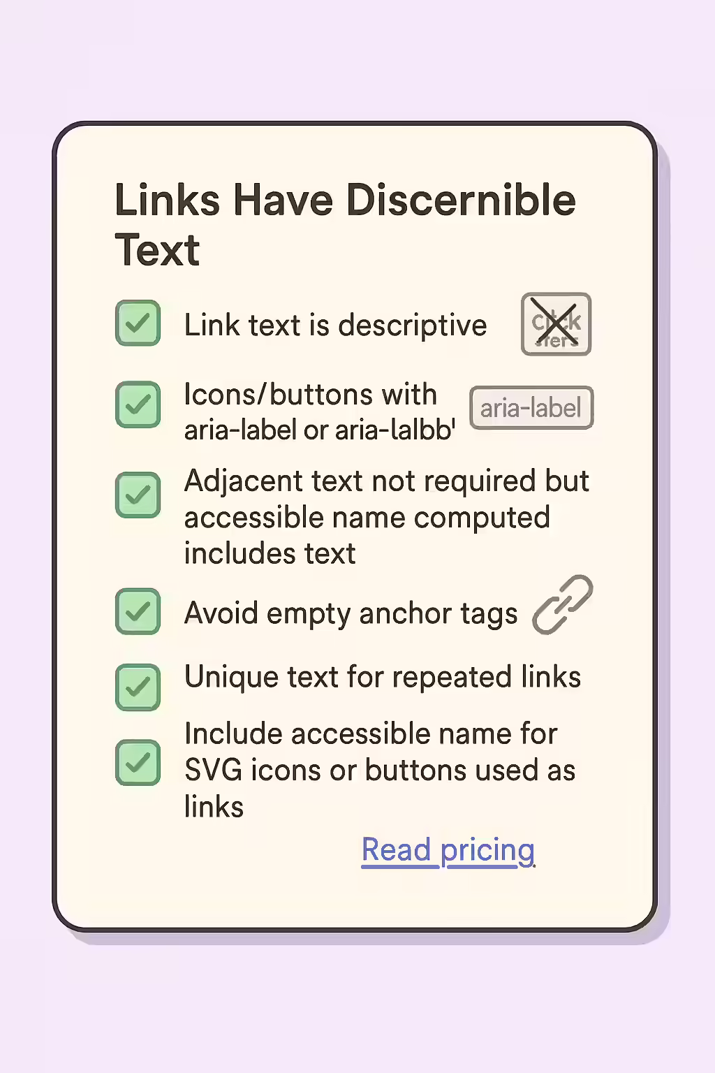 An illustration of a checklist, symbolizing the importance of making sure your links have discernible text.