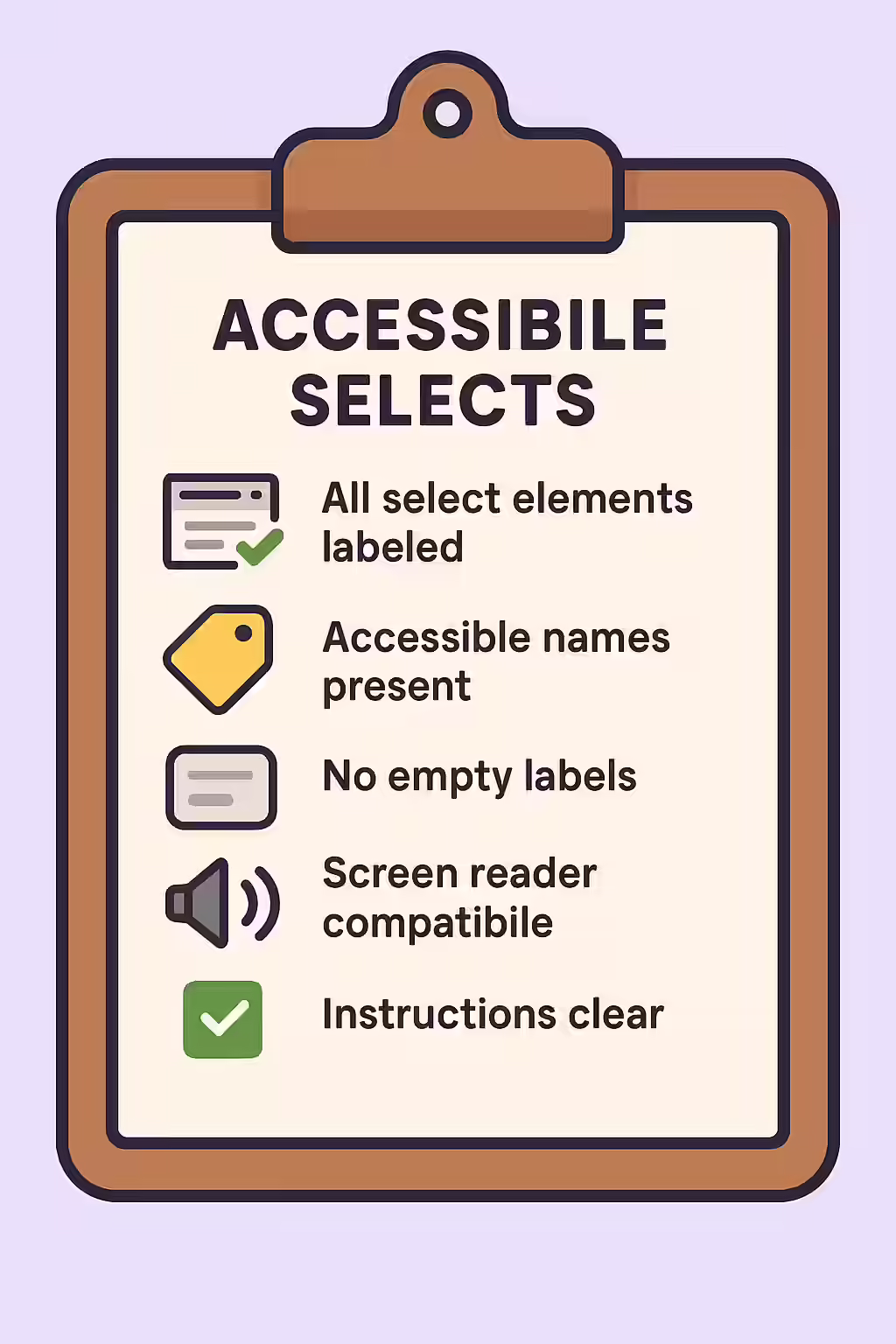 An illustration of a checklist, symbolizing the importance of making sure your select elements have accessible names.