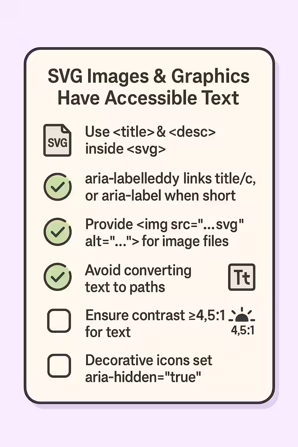 An illustration of a checklist, symbolizing the importance of making sure your SVG images and graphics have accessible text.