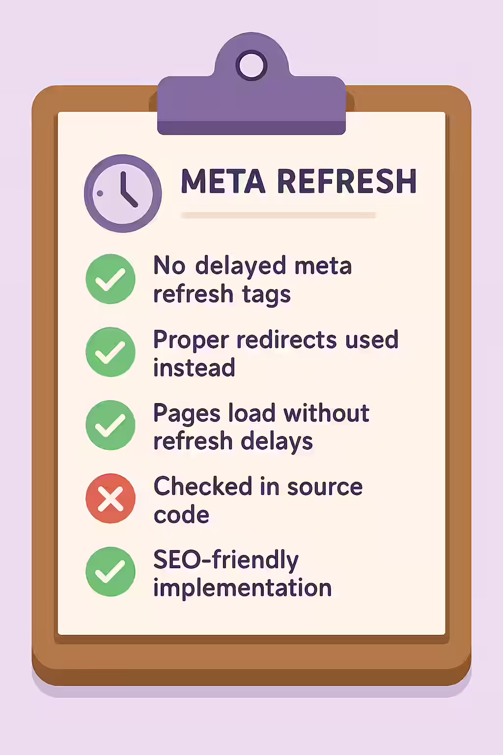 An illustration of a checklist, symbolizing the importance of making sure you are not using delayed meta refreshes.