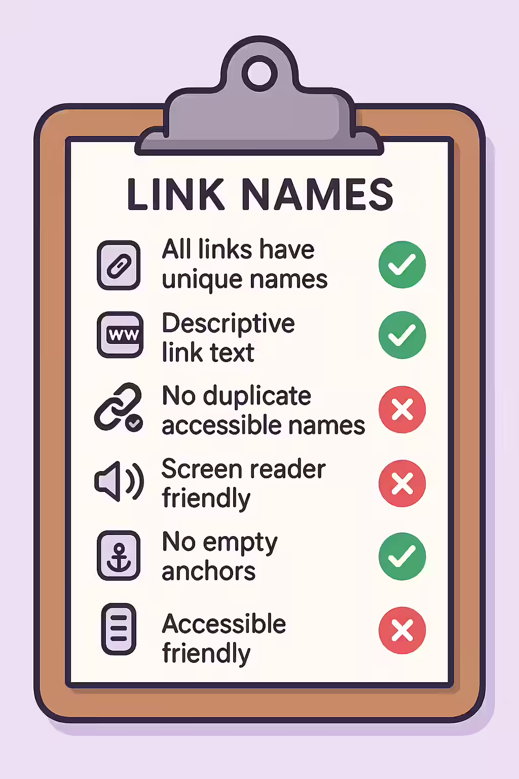 An illustration of a checklist, symbolizing the importance of making sure your links have a unique accessible name.