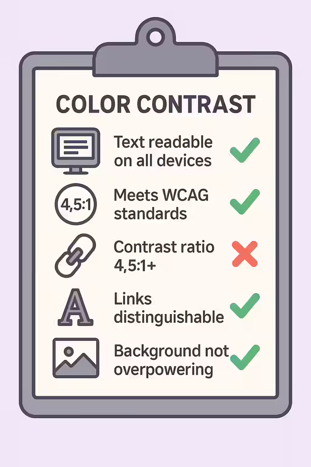 An illustration of a checklist, symbolizing the importance of making sure your text has a high color contrast ratio to the background.