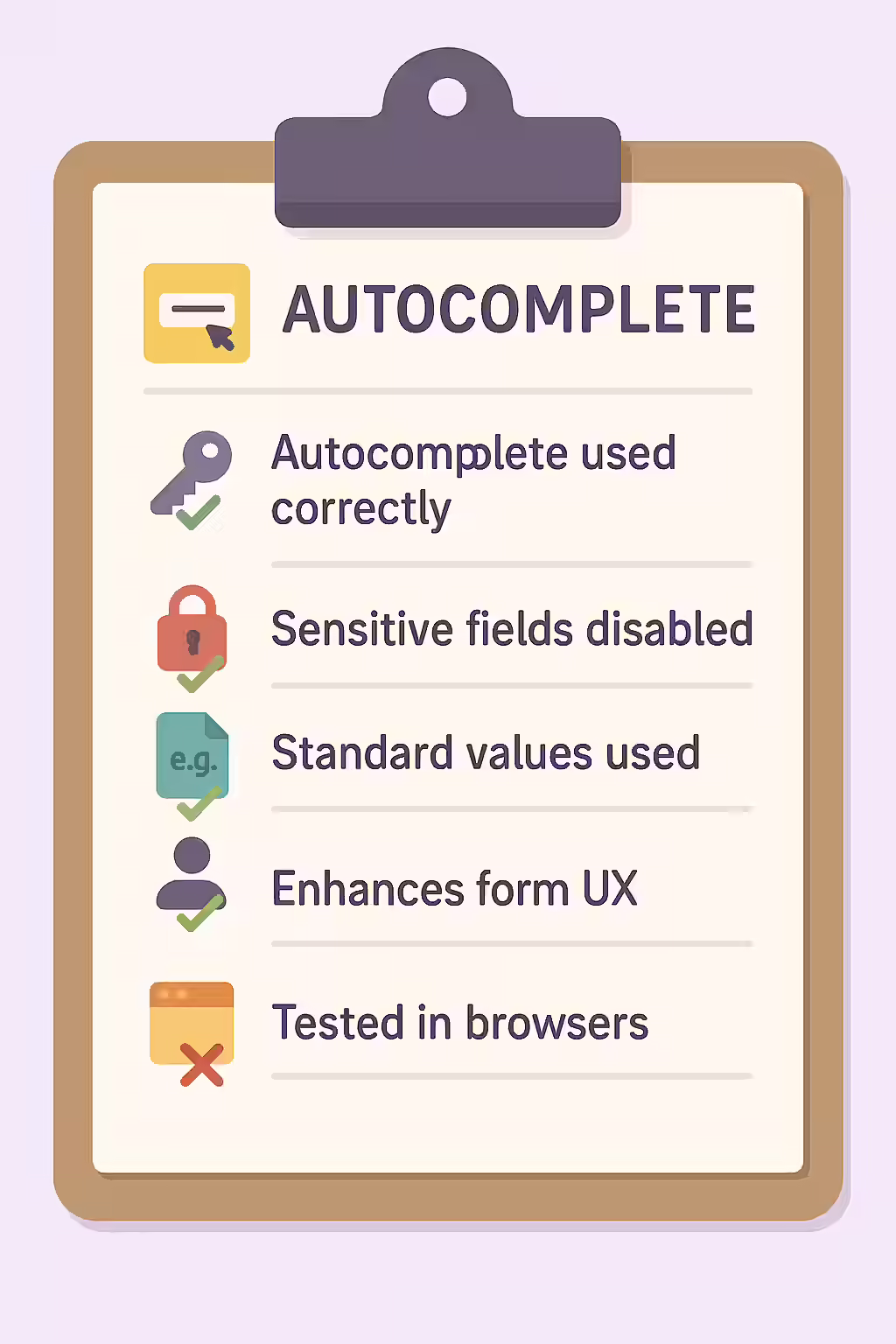 An illustration of a checklist, symbolizing the importance of making sure your autocomplete attribute is used correctly.