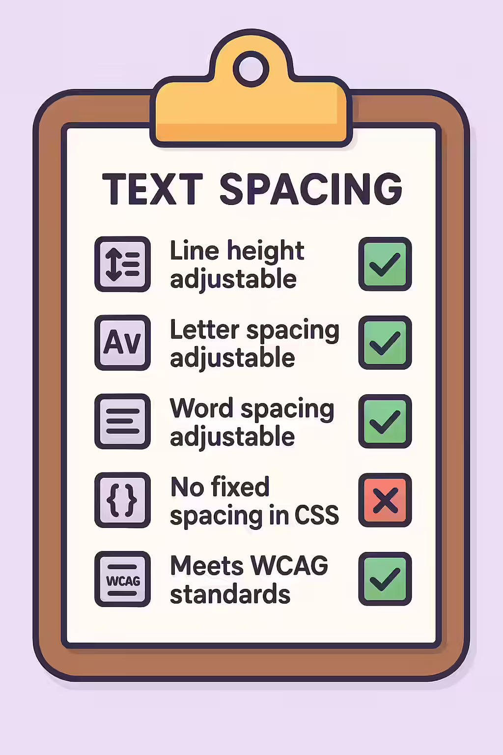 An illustration of a checklist, symbolizing the importance of making sure your inline text spacing is adjustable.